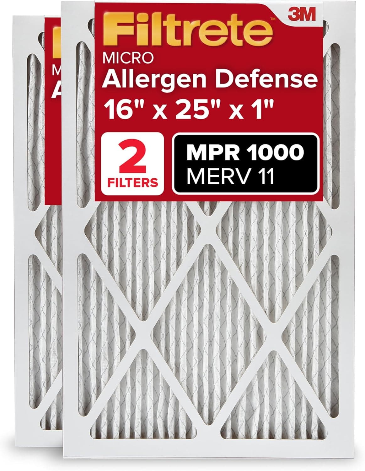 Filtrete 16x25x1 AC Furnace Air Filter, MERV 11, MPR 1000, Micro Allergen Defense, 3-Month Pleated 1-Inch Electrostatic Air Cleaning Filter, 2 Pack
